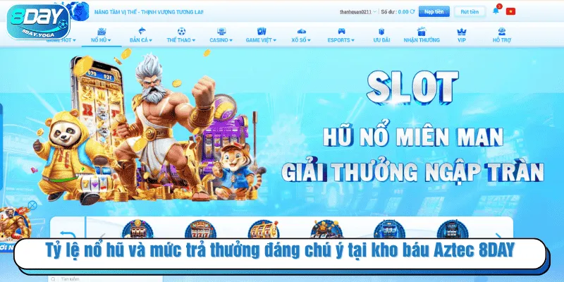 Tỷ lệ nổ hũ và mức trả thưởng đáng chú ý tại kho báu Aztec 8DAY